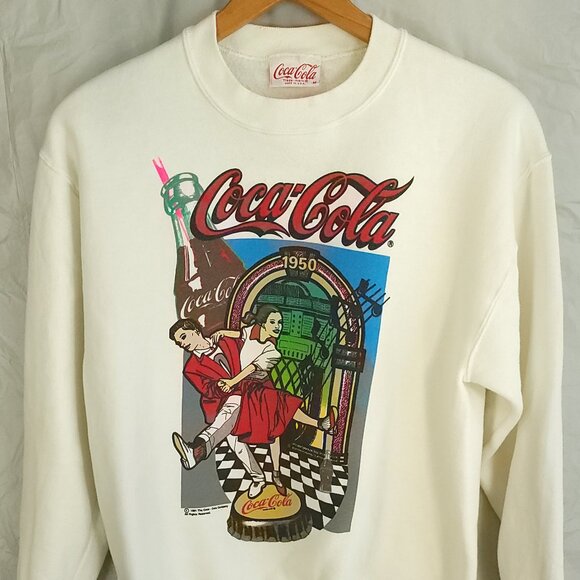 Vtg Coca Cola Graphic Sweatshirt Men's Med White Long Sleeve Pullover USA 90s - Picture 1 of 16